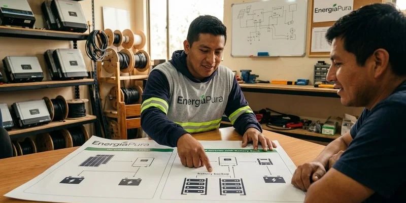 Diagrama comparativo de funcionamiento de inversor on-grid vs inversor híbrido con baterías